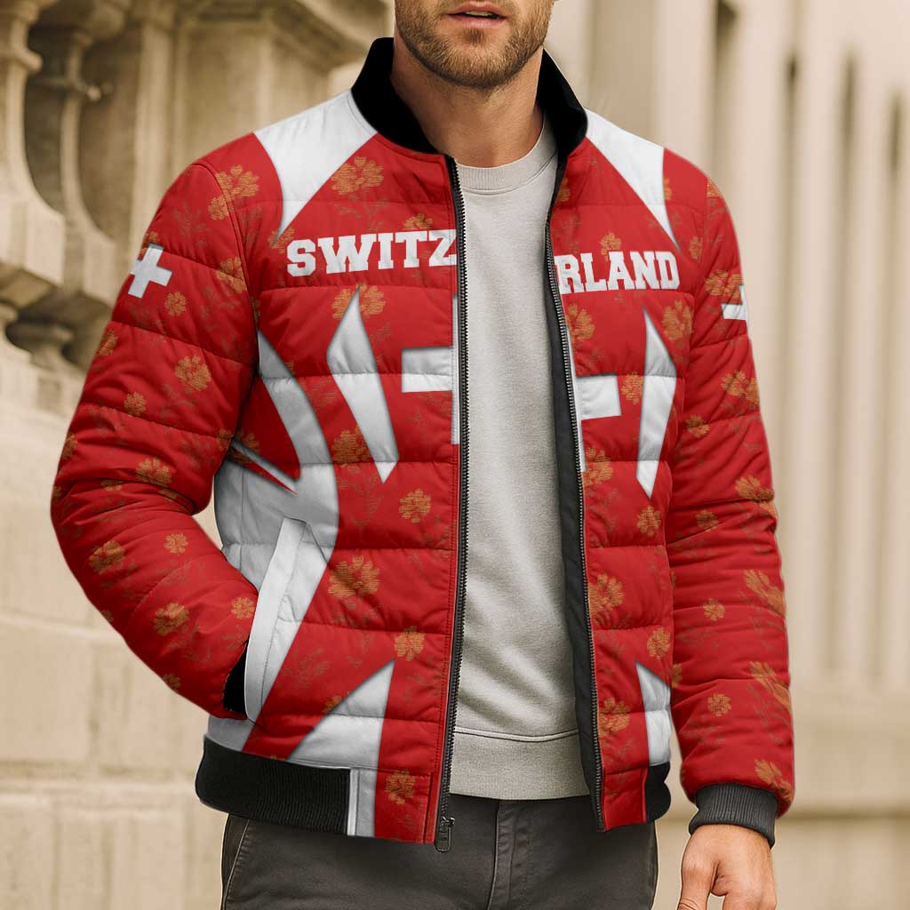Switzerland Flag Bomber Puffer Jacket with Floral Pattern Red and White Sportswear - Wonder Print Shop