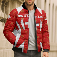 Switzerland Flag Bomber Puffer Jacket with Floral Pattern Red and White Sportswear - Wonder Print Shop