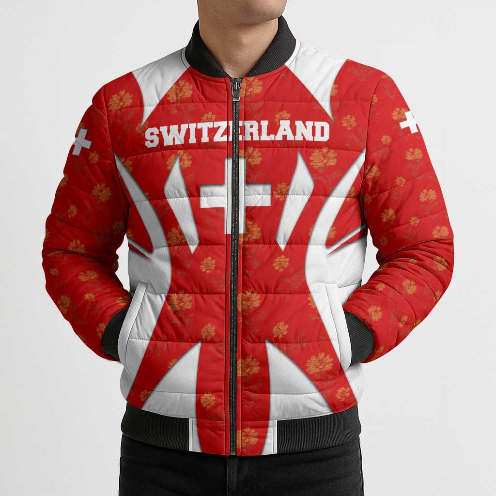 Switzerland Flag Bomber Puffer Jacket with Floral Pattern Red and White Sportswear - Wonder Print Shop