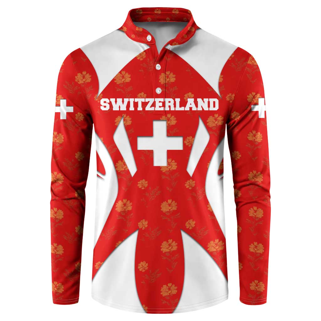 Switzerland Flag Button Sweatshirt with Floral Pattern Red and White Sportswear - Wonder Print Shop