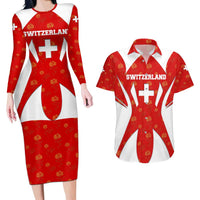 Switzerland Flag Couples Matching Long Sleeve Bodycon Dress and Hawaiian Shirt with Floral Pattern Red and White Sportswear - Wonder Print Shop