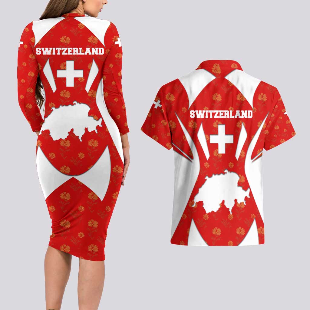 Switzerland Flag Couples Matching Long Sleeve Bodycon Dress and Hawaiian Shirt with Floral Pattern Red and White Sportswear - Wonder Print Shop