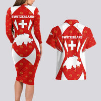 Switzerland Flag Couples Matching Long Sleeve Bodycon Dress and Hawaiian Shirt with Floral Pattern Red and White Sportswear - Wonder Print Shop
