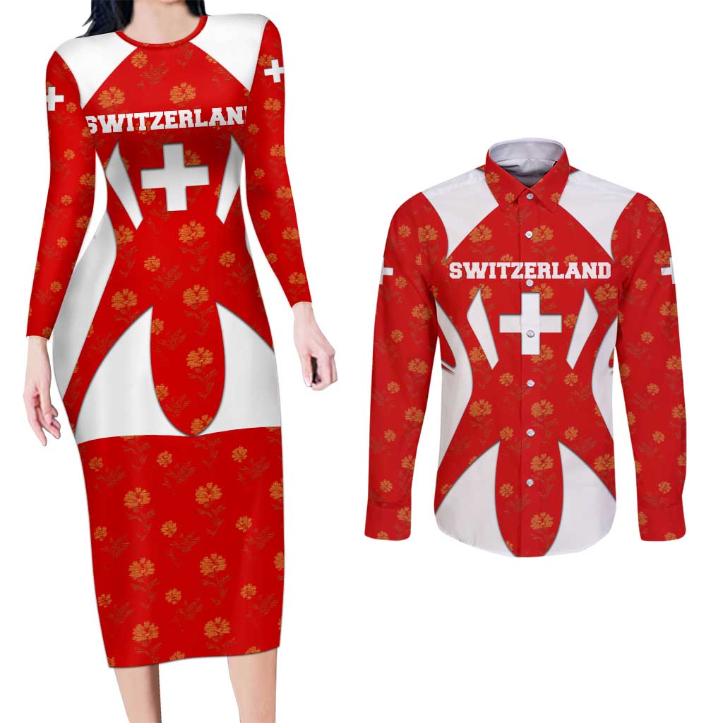 Switzerland Flag Couples Matching Long Sleeve Bodycon Dress and Long Sleeve Button Shirt with Floral Pattern Red and White Sportswear - Wonder Print Shop