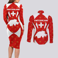 Switzerland Flag Couples Matching Long Sleeve Bodycon Dress and Long Sleeve Button Shirt with Floral Pattern Red and White Sportswear - Wonder Print Shop