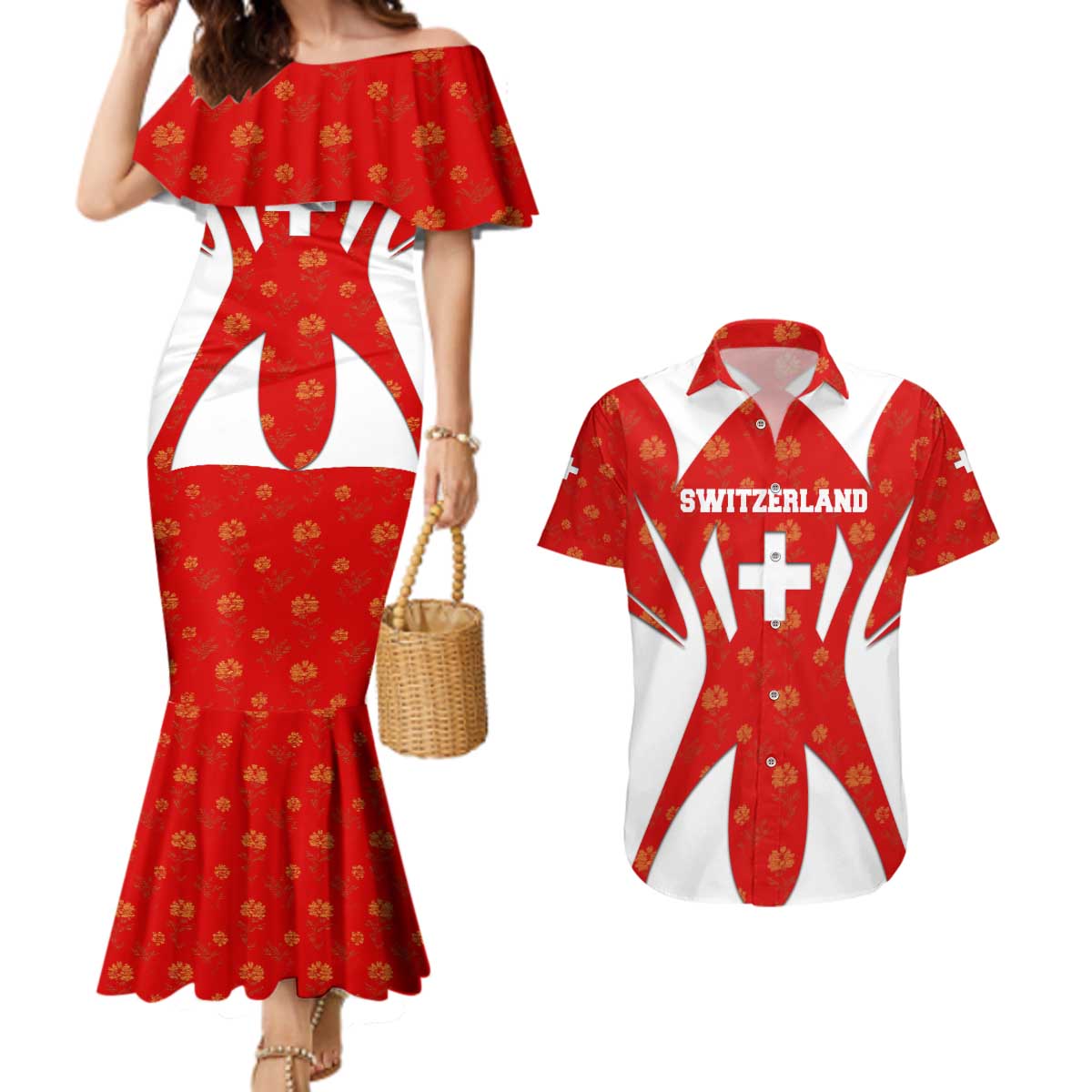 Switzerland Flag Couples Matching Mermaid Dress and Hawaiian Shirt with Floral Pattern Red and White Sportswear - Wonder Print Shop