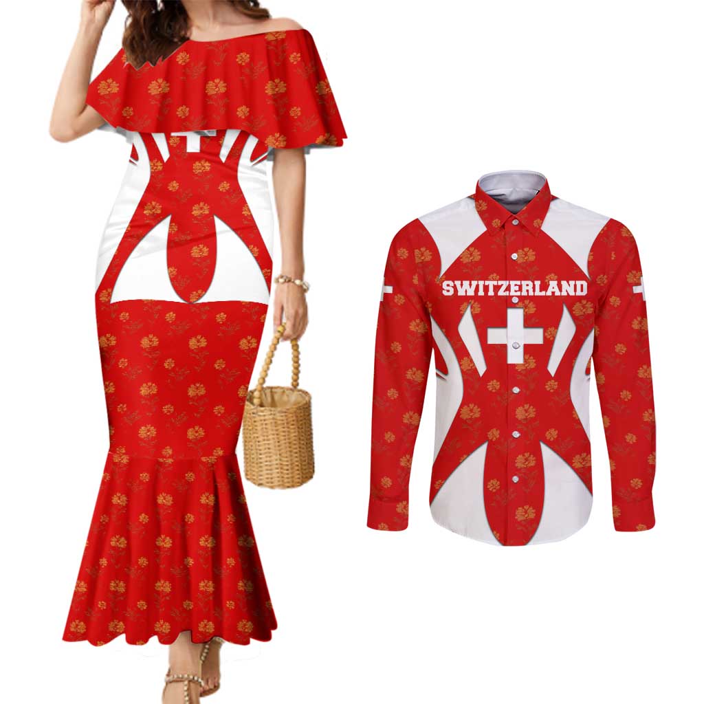 Switzerland Flag Couples Matching Mermaid Dress and Long Sleeve Button Shirt with Floral Pattern Red and White Sportswear - Wonder Print Shop