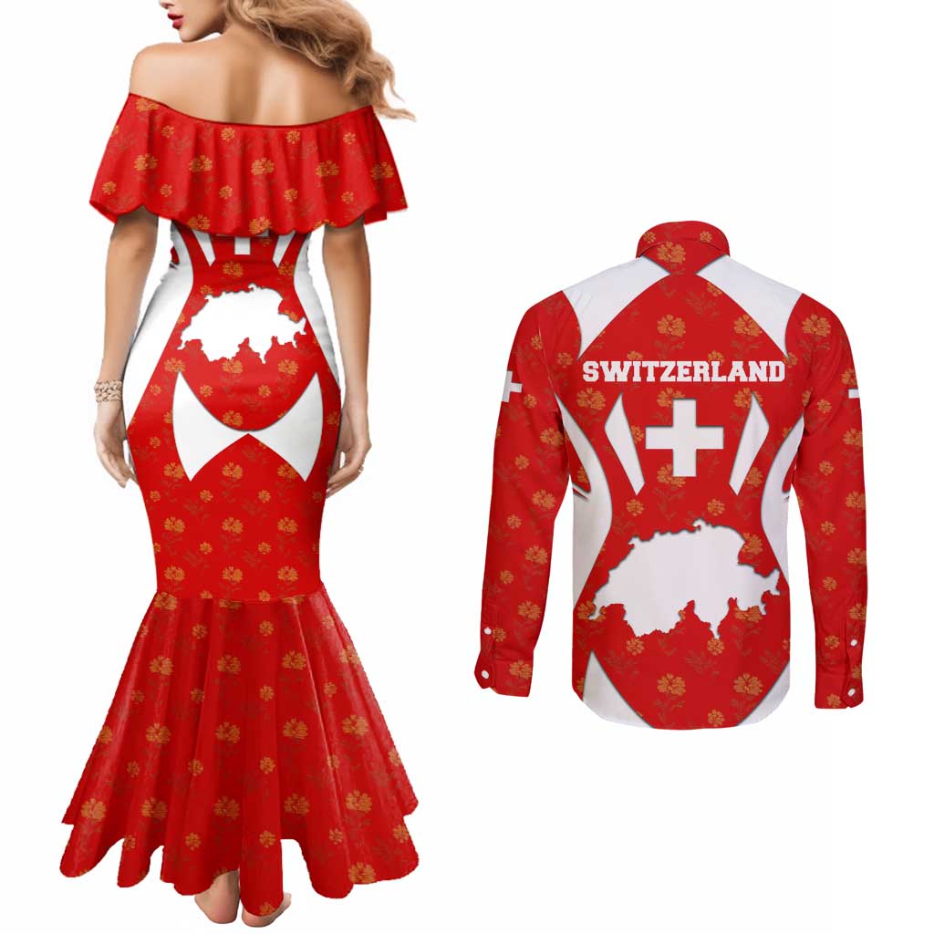 Switzerland Flag Couples Matching Mermaid Dress and Long Sleeve Button Shirt with Floral Pattern Red and White Sportswear - Wonder Print Shop