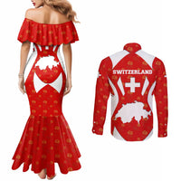 Switzerland Flag Couples Matching Mermaid Dress and Long Sleeve Button Shirt with Floral Pattern Red and White Sportswear - Wonder Print Shop