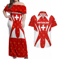 Switzerland Flag Couples Matching Off Shoulder Maxi Dress and Hawaiian Shirt with Floral Pattern Red and White Sportswear - Wonder Print Shop