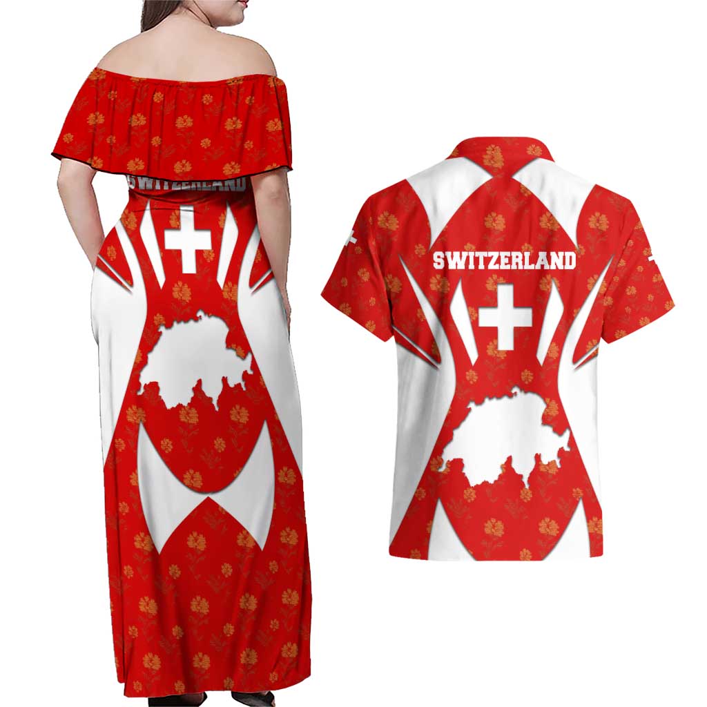 Switzerland Flag Couples Matching Off Shoulder Maxi Dress and Hawaiian Shirt with Floral Pattern Red and White Sportswear - Wonder Print Shop