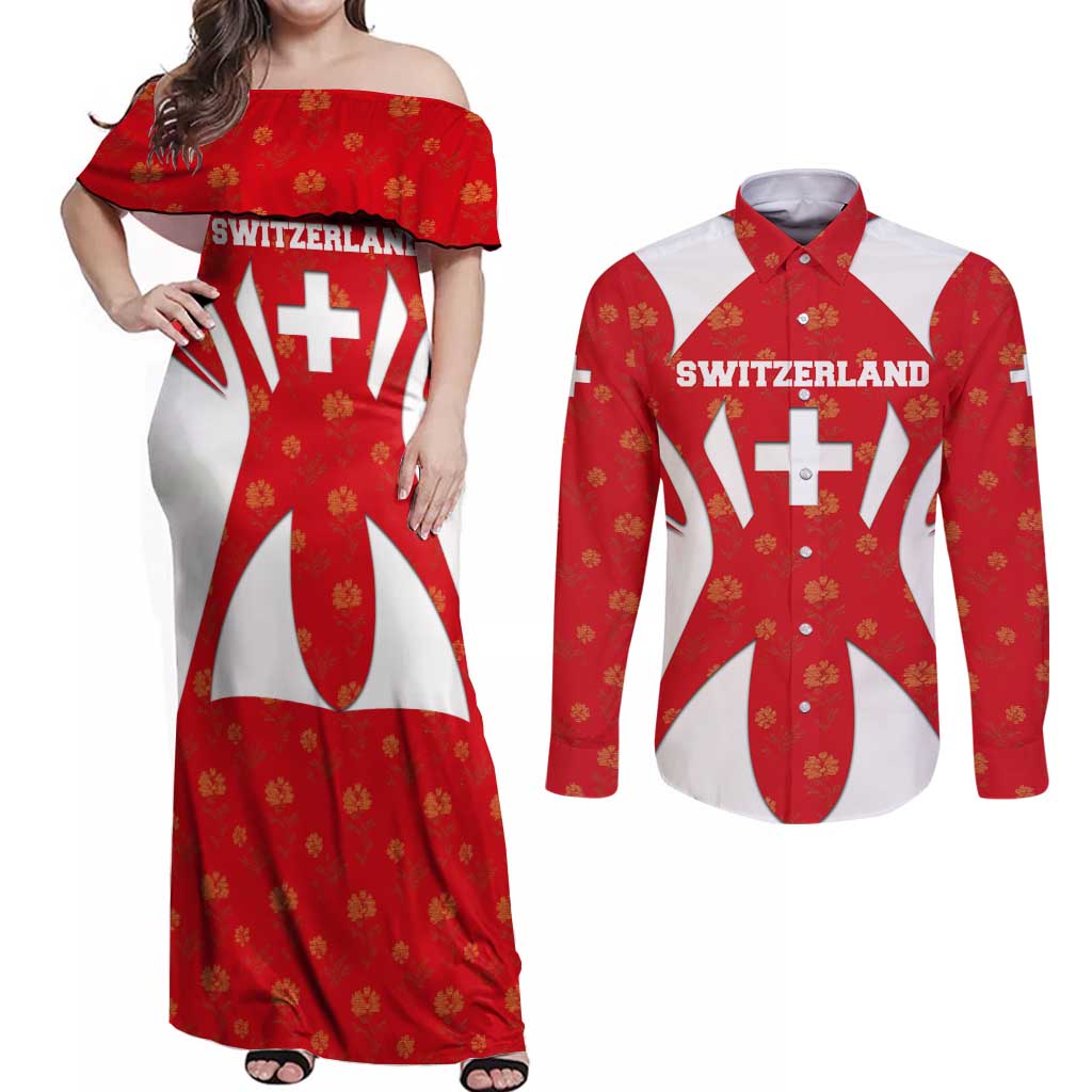 Switzerland Flag Couples Matching Off Shoulder Maxi Dress and Long Sleeve Button Shirt with Floral Pattern Red and White Sportswear - Wonder Print Shop