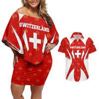 Switzerland Flag Couples Matching Off Shoulder Short Dress and Hawaiian Shirt with Floral Pattern Red and White Sportswear - Wonder Print Shop