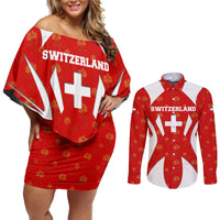 Switzerland Flag Couples Matching Off Shoulder Short Dress and Long Sleeve Button Shirt with Floral Pattern Red and White Sportswear - Wonder Print Shop