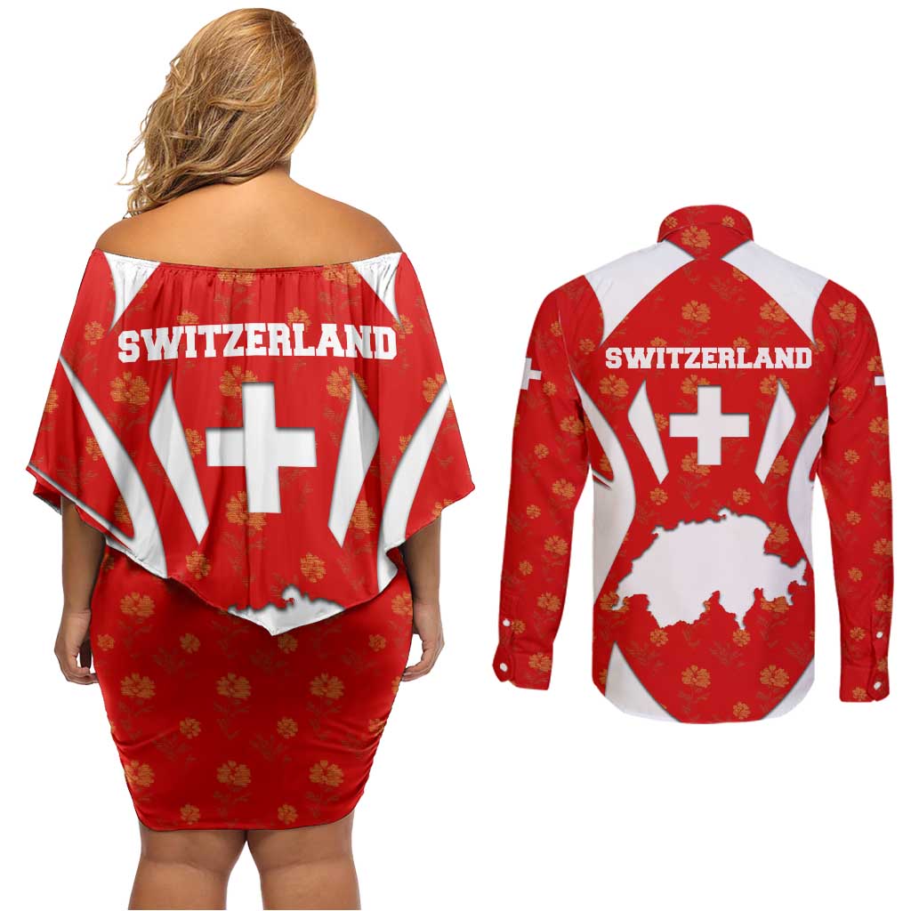 Switzerland Flag Couples Matching Off Shoulder Short Dress and Long Sleeve Button Shirt with Floral Pattern Red and White Sportswear - Wonder Print Shop