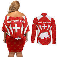 Switzerland Flag Couples Matching Off Shoulder Short Dress and Long Sleeve Button Shirt with Floral Pattern Red and White Sportswear - Wonder Print Shop