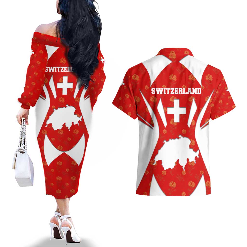 Switzerland Flag Couples Matching Off The Shoulder Long Sleeve Dress and Hawaiian Shirt with Floral Pattern Red and White Sportswear - Wonder Print Shop