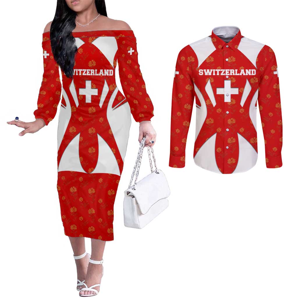 Switzerland Flag Couples Matching Off The Shoulder Long Sleeve Dress and Long Sleeve Button Shirt with Floral Pattern Red and White Sportswear - Wonder Print Shop
