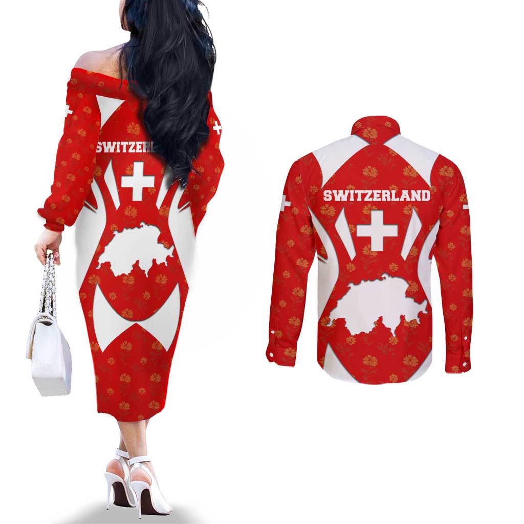 Switzerland Flag Couples Matching Off The Shoulder Long Sleeve Dress and Long Sleeve Button Shirt with Floral Pattern Red and White Sportswear - Wonder Print Shop