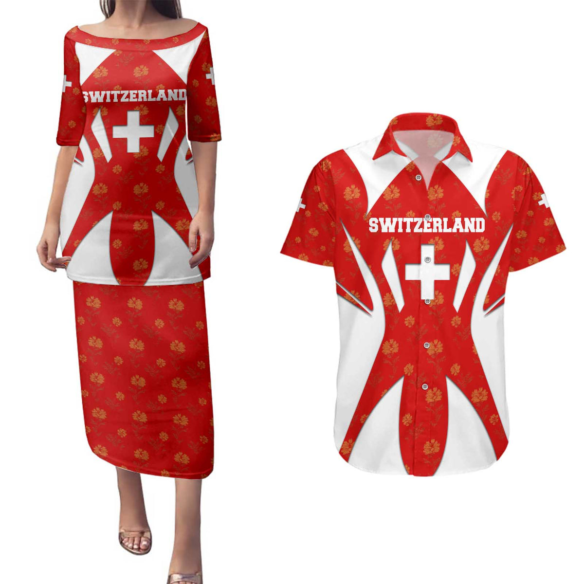 Switzerland Flag Couples Matching Puletasi and Hawaiian Shirt with Floral Pattern Red and White Sportswear - Wonder Print Shop