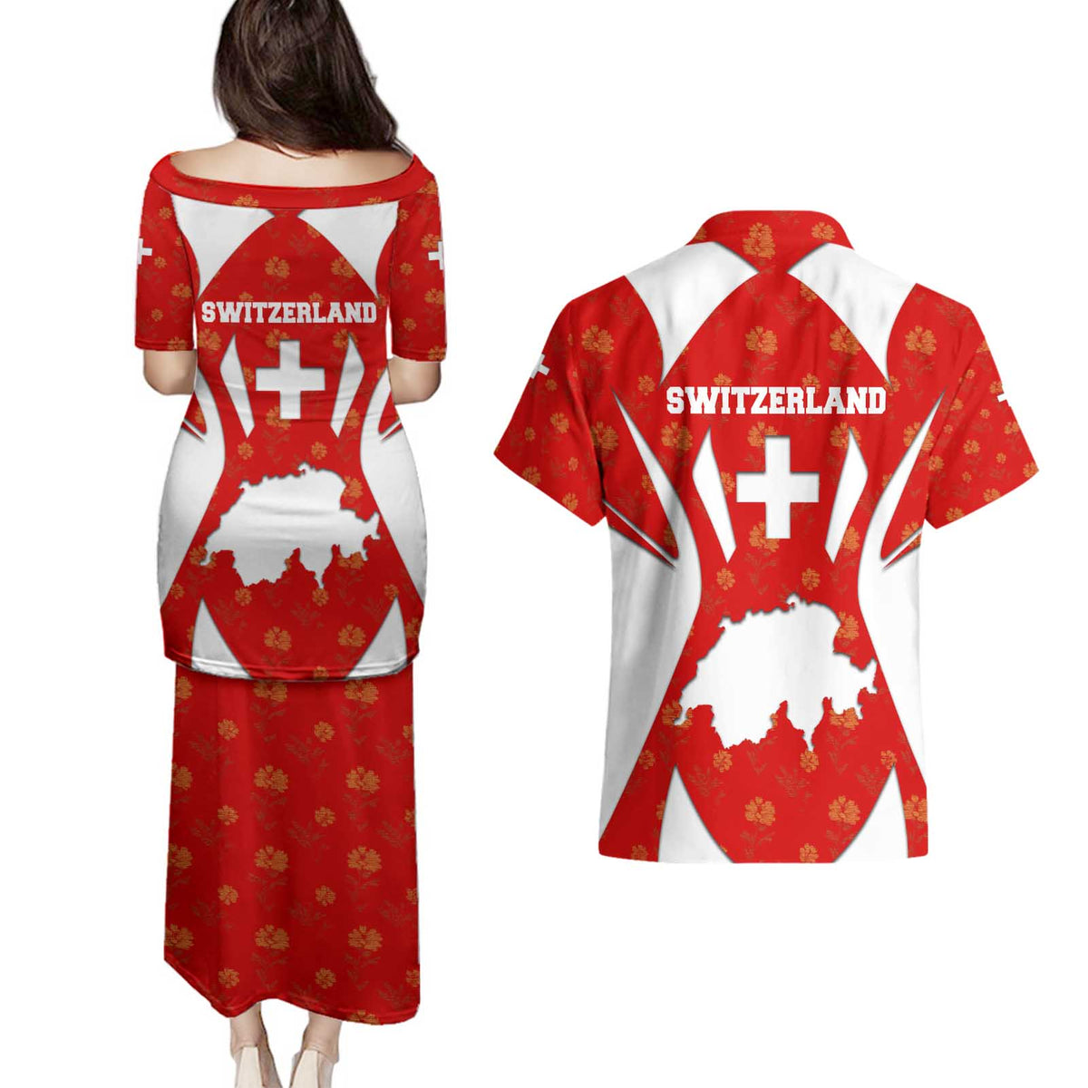 Switzerland Flag Couples Matching Puletasi and Hawaiian Shirt with Floral Pattern Red and White Sportswear - Wonder Print Shop