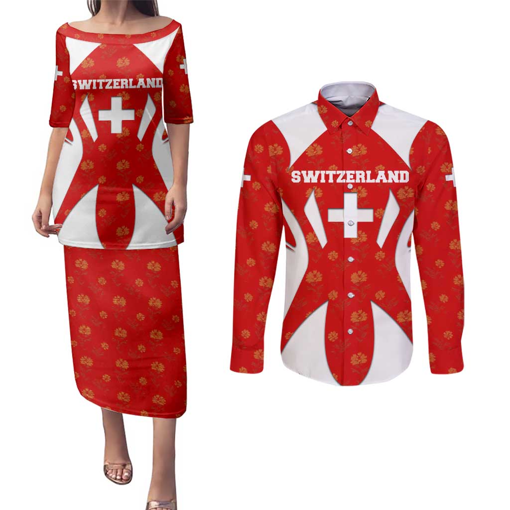 Switzerland Flag Couples Matching Puletasi and Long Sleeve Button Shirt with Floral Pattern Red and White Sportswear - Wonder Print Shop