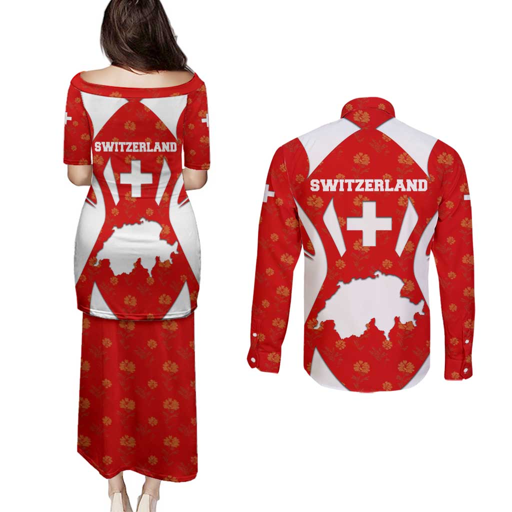 Switzerland Flag Couples Matching Puletasi and Long Sleeve Button Shirt with Floral Pattern Red and White Sportswear - Wonder Print Shop