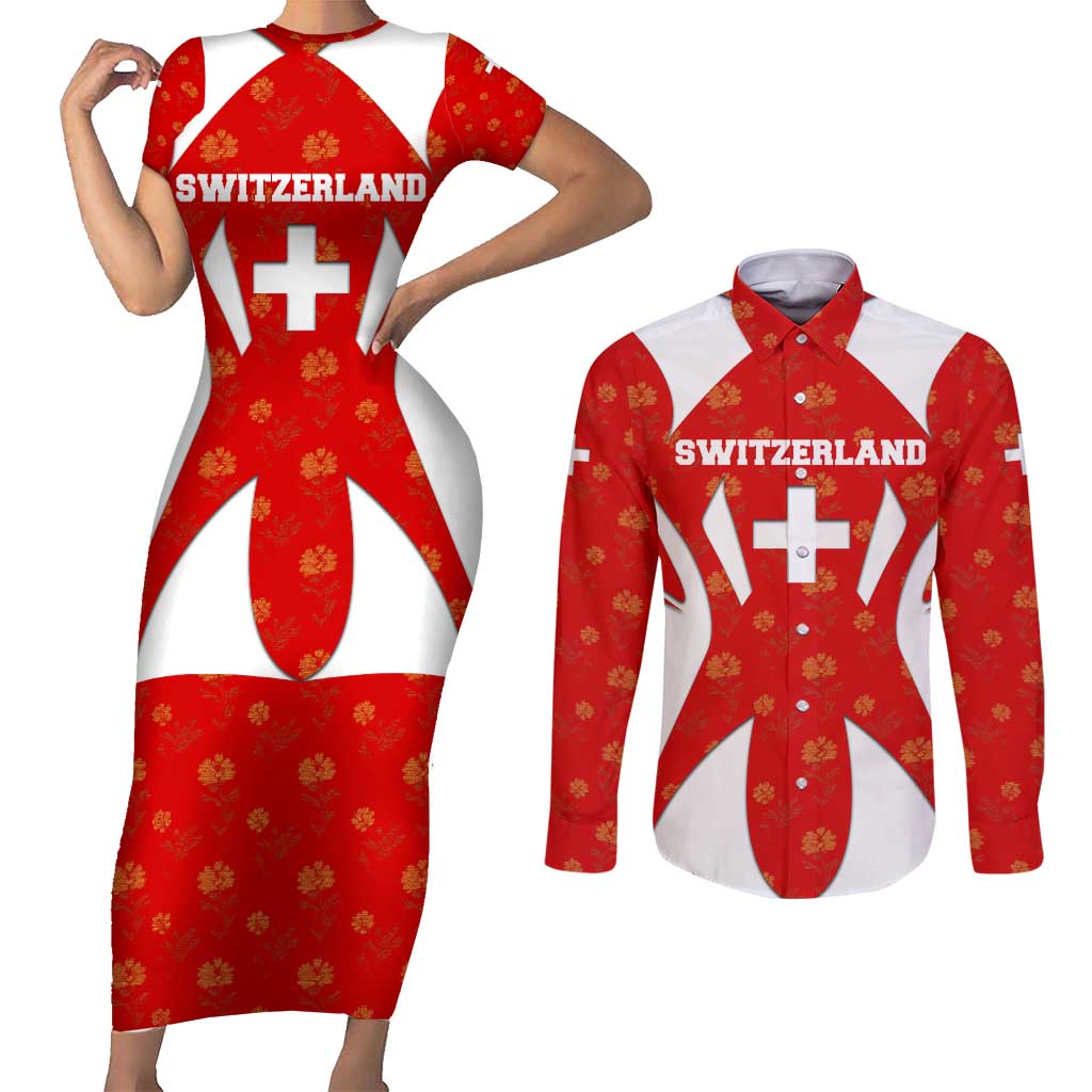 Switzerland Flag Couples Matching Short Sleeve Bodycon Dress and Long Sleeve Button Shirt with Floral Pattern Red and White Sportswear - Wonder Print Shop
