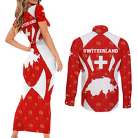 Switzerland Flag Couples Matching Short Sleeve Bodycon Dress and Long Sleeve Button Shirt with Floral Pattern Red and White Sportswear - Wonder Print Shop