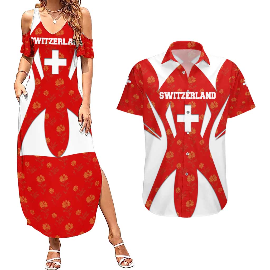 Switzerland Flag Couples Matching Summer Maxi Dress and Hawaiian Shirt with Floral Pattern Red and White Sportswear - Wonder Print Shop
