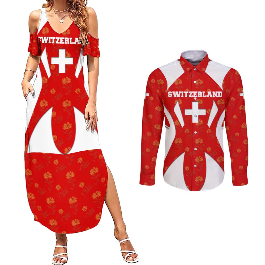 Switzerland Flag Couples Matching Summer Maxi Dress and Long Sleeve Button Shirt with Floral Pattern Red and White Sportswear - Wonder Print Shop