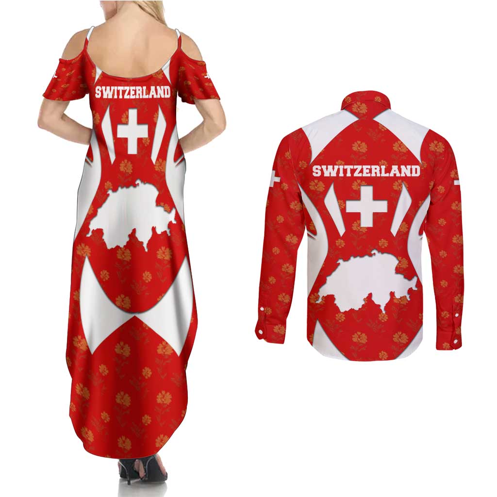 Switzerland Flag Couples Matching Summer Maxi Dress and Long Sleeve Button Shirt with Floral Pattern Red and White Sportswear - Wonder Print Shop