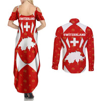 Switzerland Flag Couples Matching Summer Maxi Dress and Long Sleeve Button Shirt with Floral Pattern Red and White Sportswear - Wonder Print Shop
