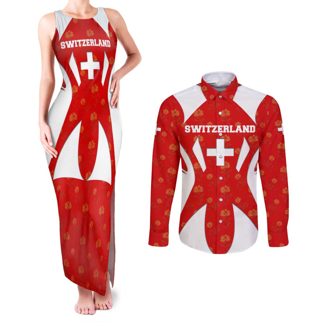 Switzerland Flag Couples Matching Tank Maxi Dress and Long Sleeve Button Shirt with Floral Pattern Red and White Sportswear - Wonder Print Shop