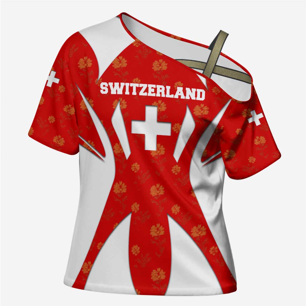 Switzerland Flag Cross Shoulder Shirt with Floral Pattern Red and White Sportswear - Wonder Print Shop