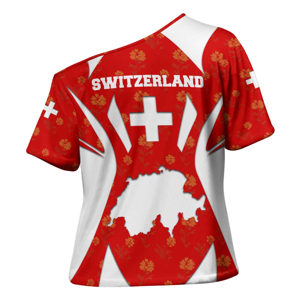 Switzerland Flag Cross Shoulder Shirt with Floral Pattern Red and White Sportswear - Wonder Print Shop