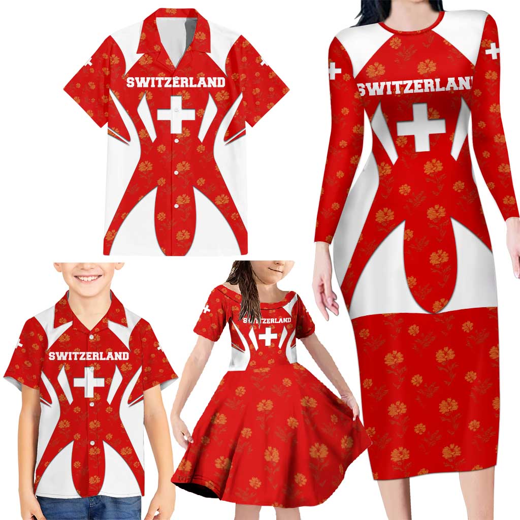Switzerland Flag Family Matching Long Sleeve Bodycon Dress and Hawaiian Shirt with Floral Pattern Red and White Sportswear - Wonder Print Shop