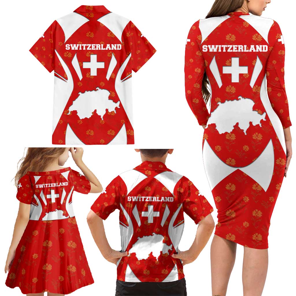 Switzerland Flag Family Matching Long Sleeve Bodycon Dress and Hawaiian Shirt with Floral Pattern Red and White Sportswear - Wonder Print Shop