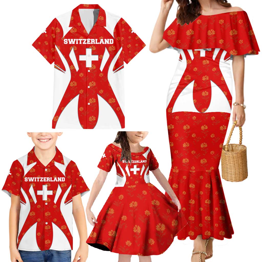 Switzerland Flag Family Matching Mermaid Dress and Hawaiian Shirt with Floral Pattern Red and White Sportswear - Wonder Print Shop