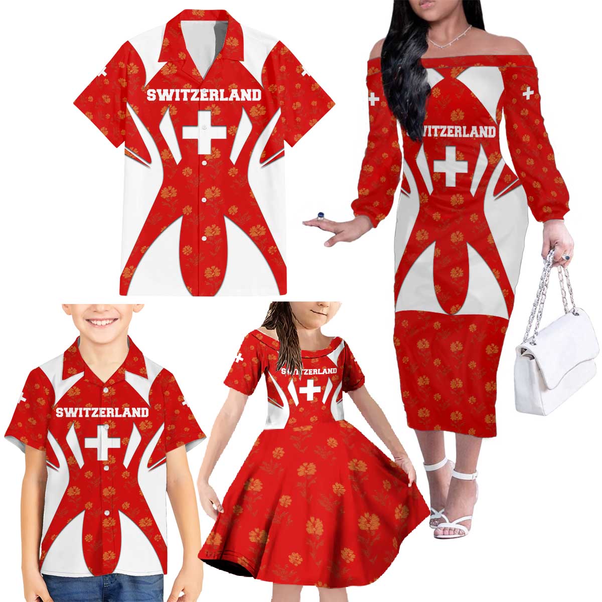 Switzerland Flag Family Matching Off The Shoulder Long Sleeve Dress and Hawaiian Shirt with Floral Pattern Red and White Sportswear - Wonder Print Shop