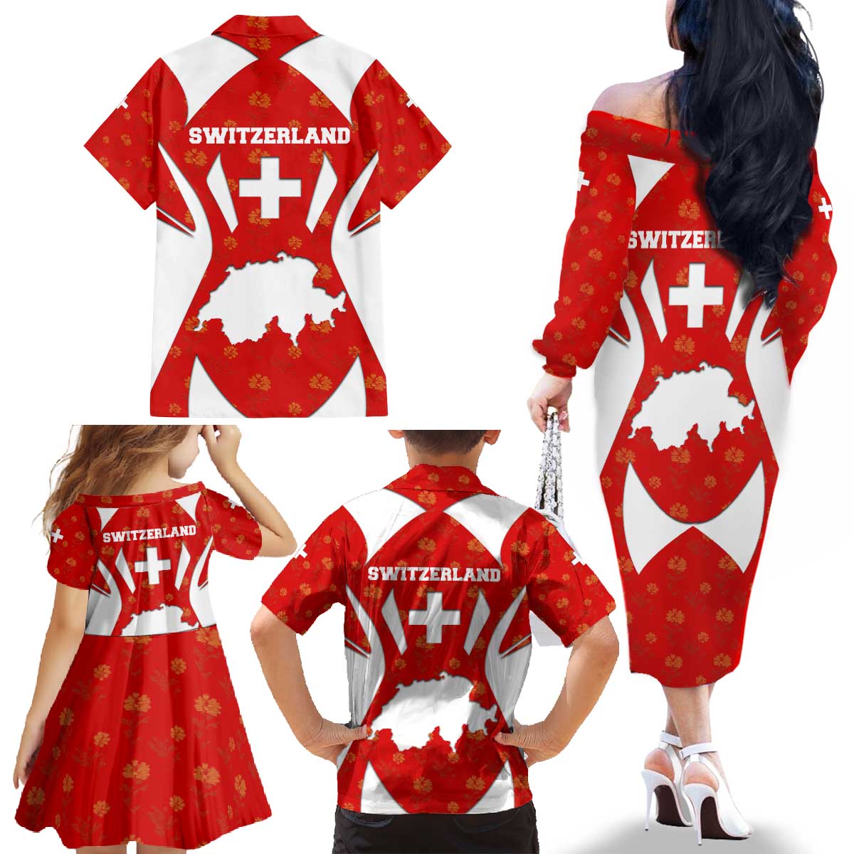 Switzerland Flag Family Matching Off The Shoulder Long Sleeve Dress and Hawaiian Shirt with Floral Pattern Red and White Sportswear - Wonder Print Shop