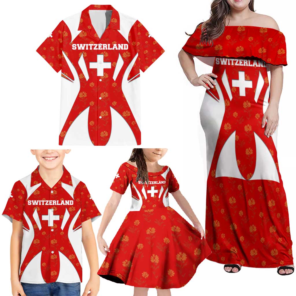 Switzerland Flag Family Matching Off Shoulder Maxi Dress and Hawaiian Shirt with Floral Pattern Red and White Sportswear - Wonder Print Shop