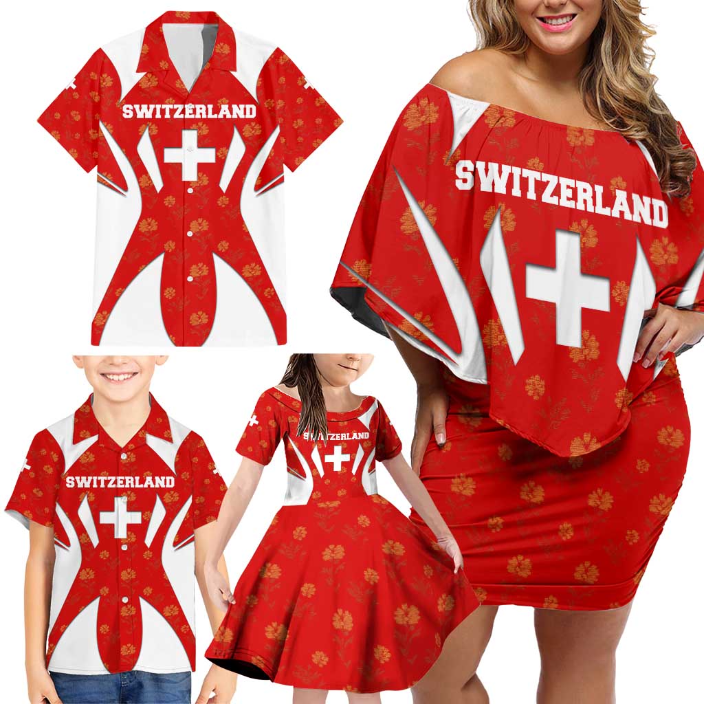 Switzerland Flag Family Matching Off Shoulder Short Dress and Hawaiian Shirt with Floral Pattern Red and White Sportswear - Wonder Print Shop