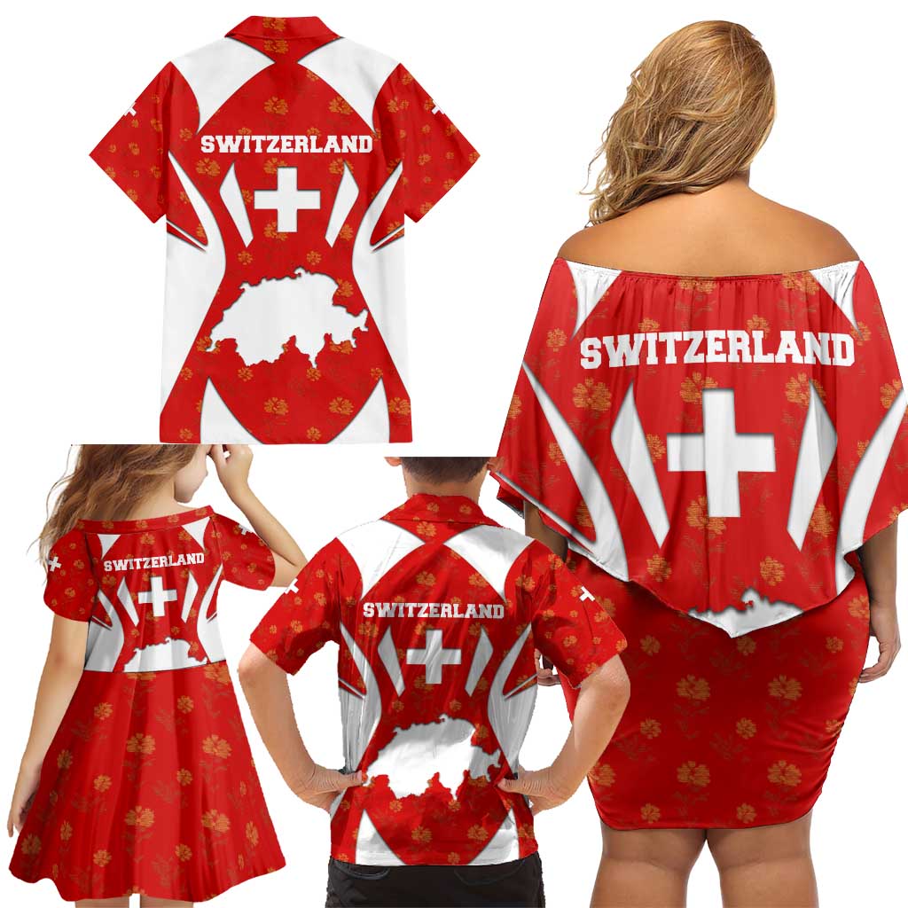 Switzerland Flag Family Matching Off Shoulder Short Dress and Hawaiian Shirt with Floral Pattern Red and White Sportswear - Wonder Print Shop