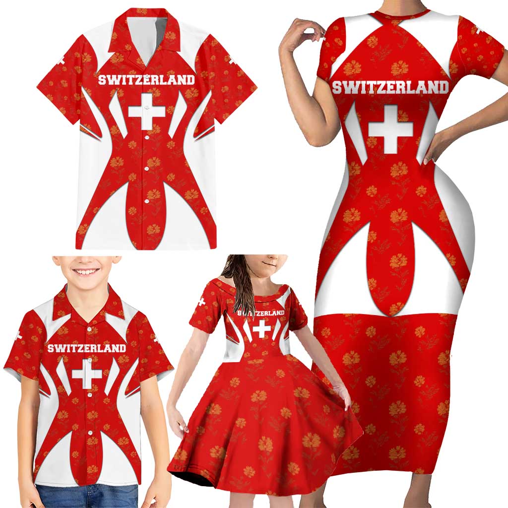 Switzerland Flag Family Matching Short Sleeve Bodycon Dress and Hawaiian Shirt with Floral Pattern Red and White Sportswear - Wonder Print Shop