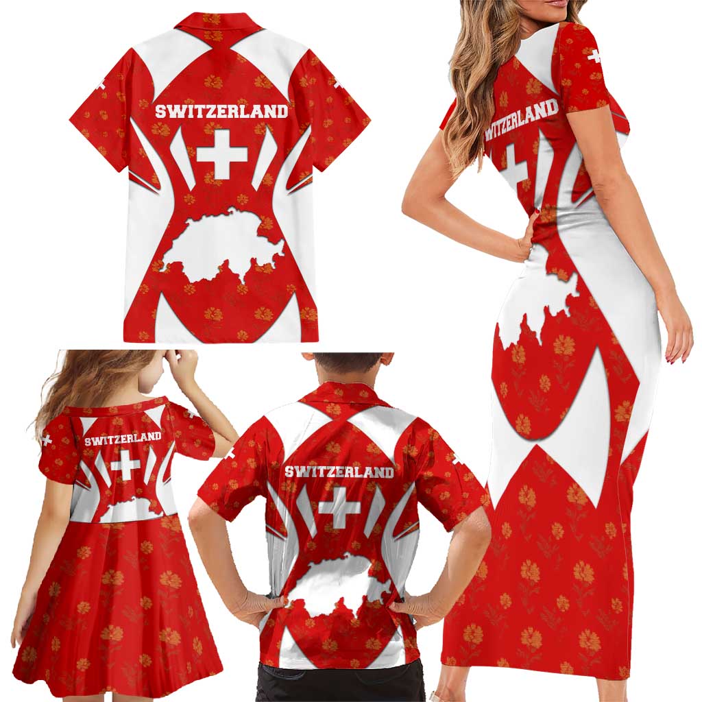 Switzerland Flag Family Matching Short Sleeve Bodycon Dress and Hawaiian Shirt with Floral Pattern Red and White Sportswear - Wonder Print Shop