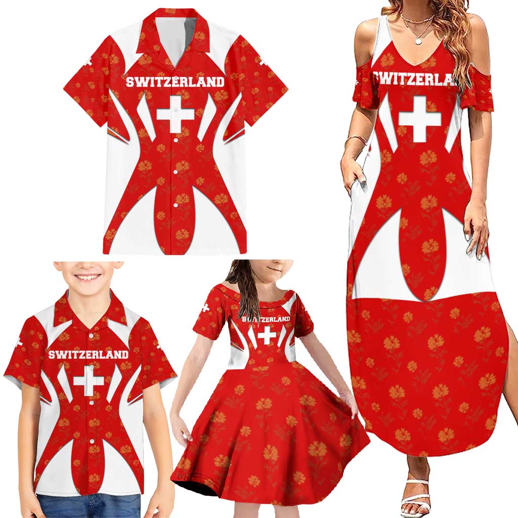 Switzerland Flag Family Matching Summer Maxi Dress and Hawaiian Shirt with Floral Pattern Red and White Sportswear - Wonder Print Shop
