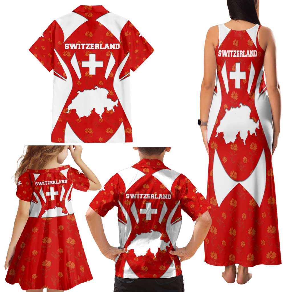Switzerland Flag Family Matching Tank Maxi Dress and Hawaiian Shirt with Floral Pattern Red and White Sportswear - Wonder Print Shop