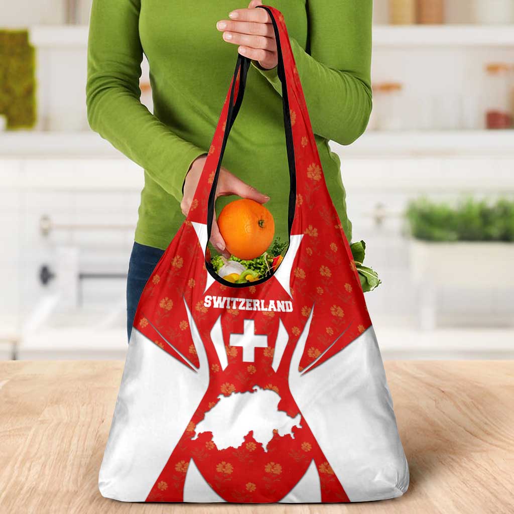 Switzerland Flag Grocery Bag with Floral Pattern Red and White Sportswear - Wonder Print Shop