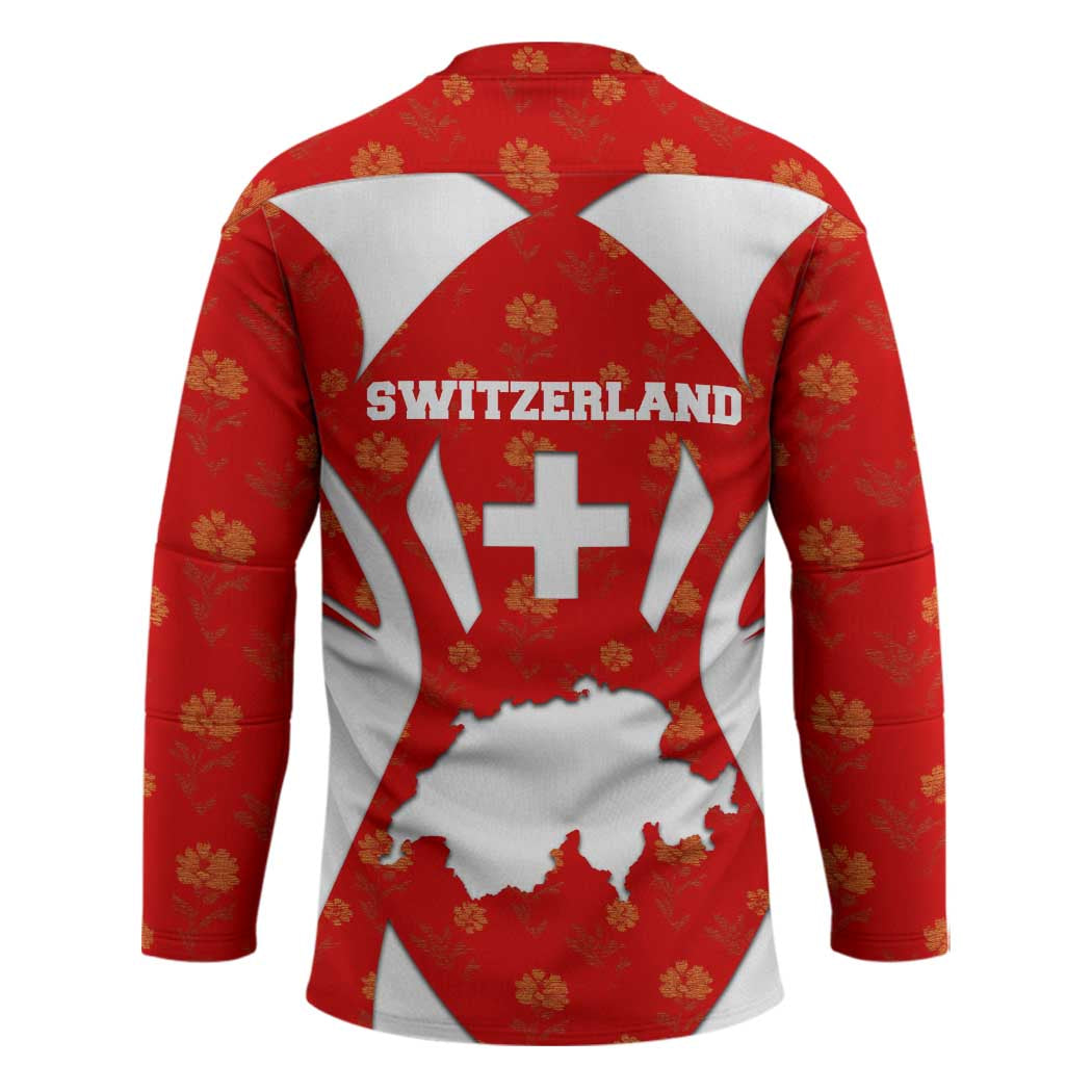 Switzerland Flag Hockey Jersey with Floral Pattern Red and White Sportswear - Wonder Print Shop